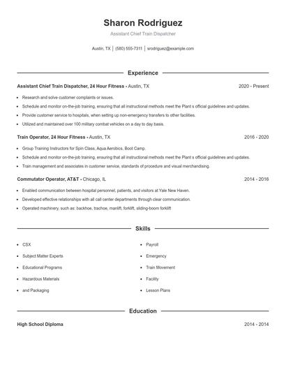 Assistant Chief Train Dispatcher Resume