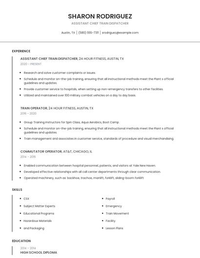 Assistant Chief Train Dispatcher Resume