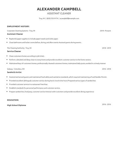Assistant Cleaner Resume