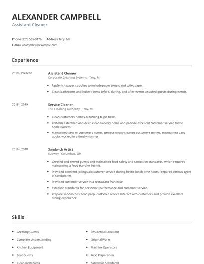 Assistant Cleaner Resume