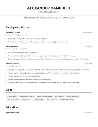 Assistant Cleaner Resume