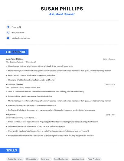 Assistant Cleaner Resume
