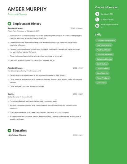 Assistant Cleaner Resume
