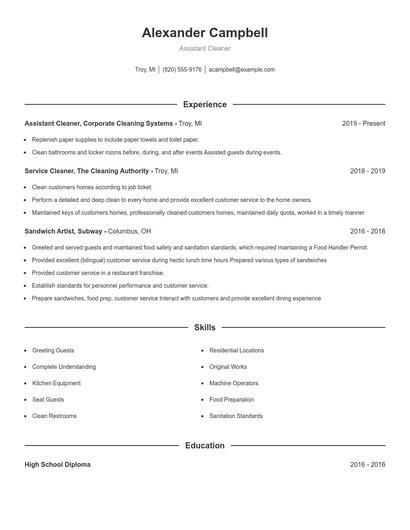 Assistant Cleaner Resume