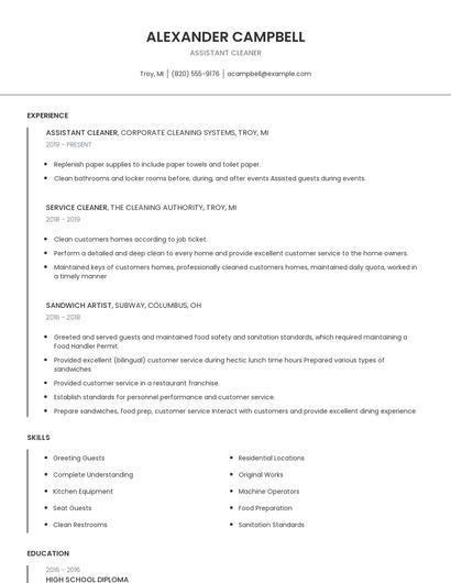 Assistant Cleaner Resume