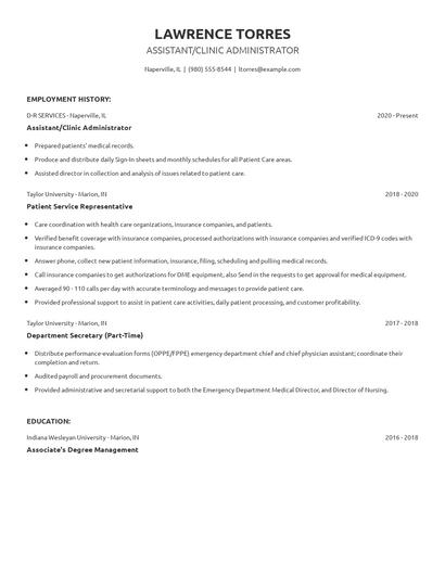 Assistant/Clinic Administrator Resume