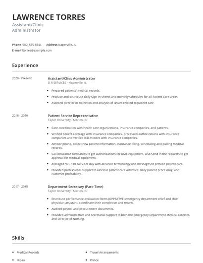 Assistant/Clinic Administrator Resume
