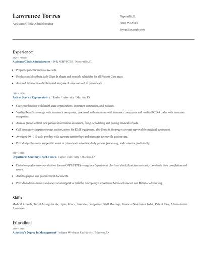 Assistant/Clinic Administrator Resume