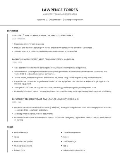 Assistant/Clinic Administrator Resume