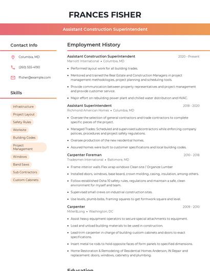 Assistant Construction Superintendent Resume