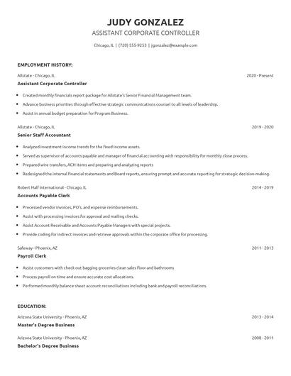 Assistant Corporate Controller Resume