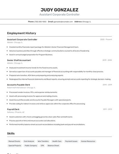Assistant Corporate Controller Resume