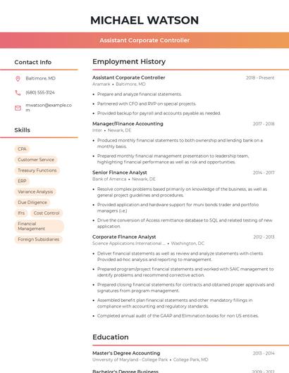 Assistant Corporate Controller Resume