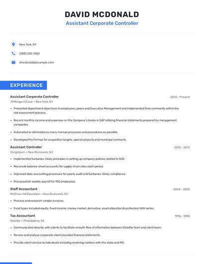 Assistant Corporate Controller Resume
