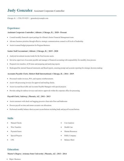 Assistant Corporate Controller Resume