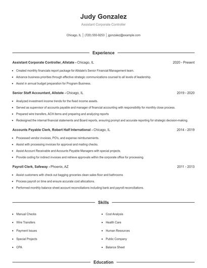 Assistant Corporate Controller Resume