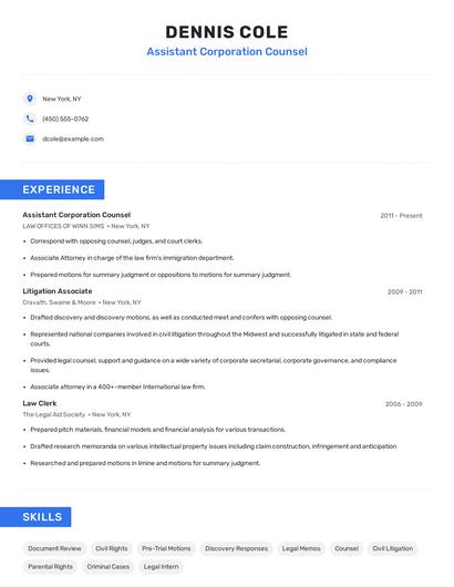 Assistant Corporation Counsel Resume