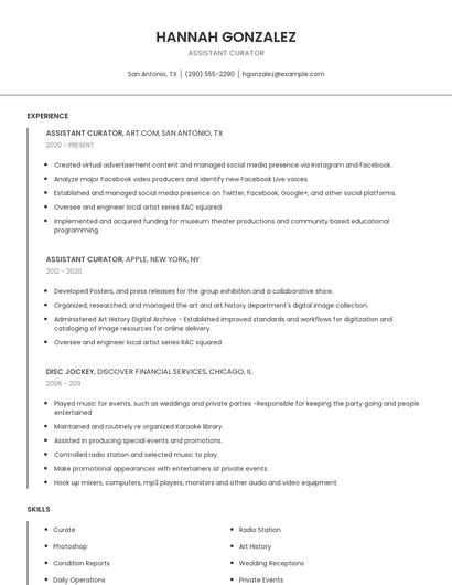 Assistant Curator Resume