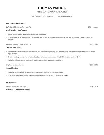 Assistant Daycare Teacher Resume