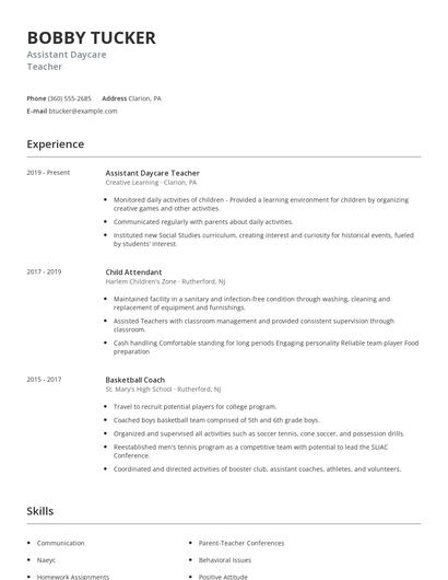 Assistant Daycare Teacher Resume
