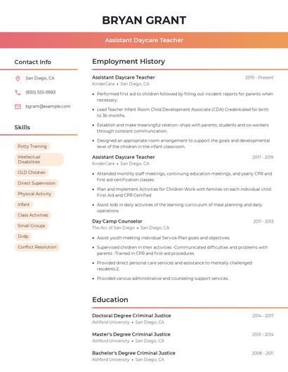 Assistant Daycare Teacher Resume