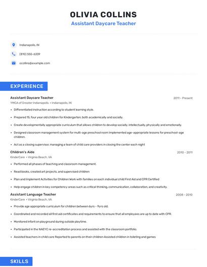 Assistant Daycare Teacher Resume