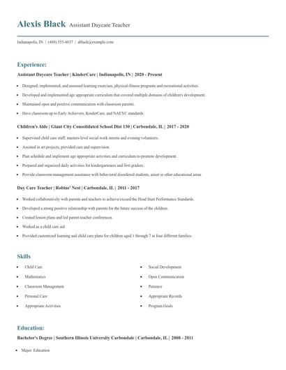 Assistant Daycare Teacher Resume