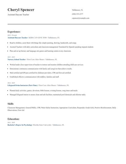 Assistant Daycare Teacher Resume