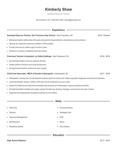 Assistant Daycare Teacher Resume