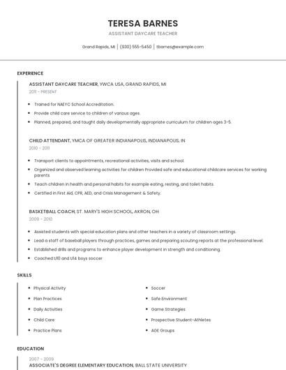 Assistant Daycare Teacher Resume