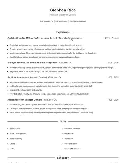 Assistant Director Of Security Resume