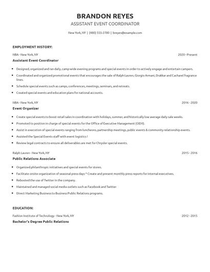 Assistant Event Coordinator Resume