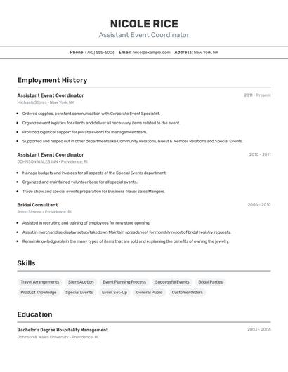 Assistant Event Coordinator Resume