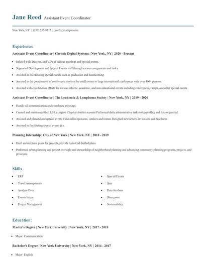 Assistant Event Coordinator Resume