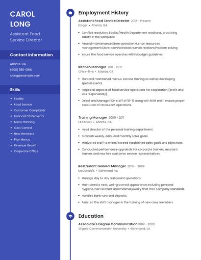 Assistant Food Service Director Resume