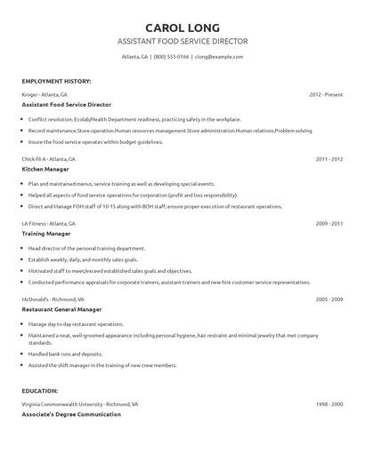 Assistant Food Service Director Resume