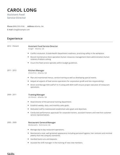 Assistant Food Service Director Resume