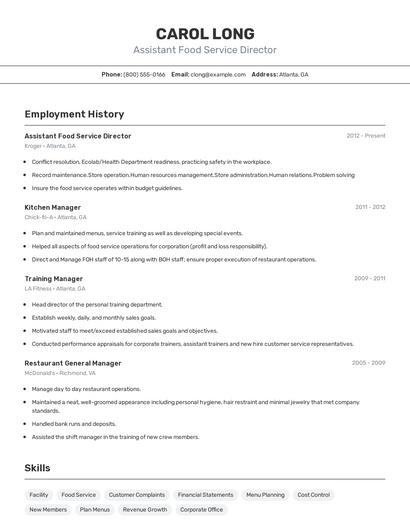 Assistant Food Service Director Resume