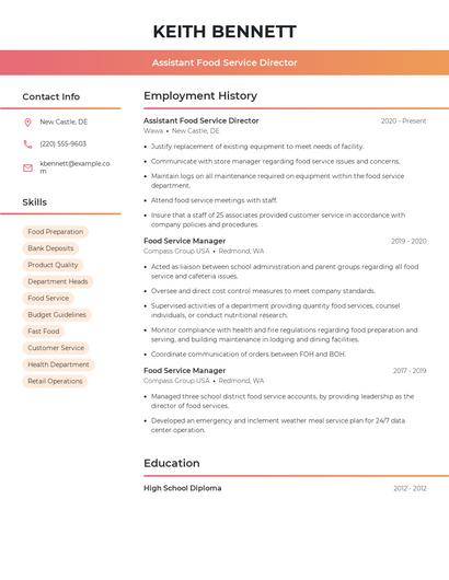 Assistant Food Service Director Resume