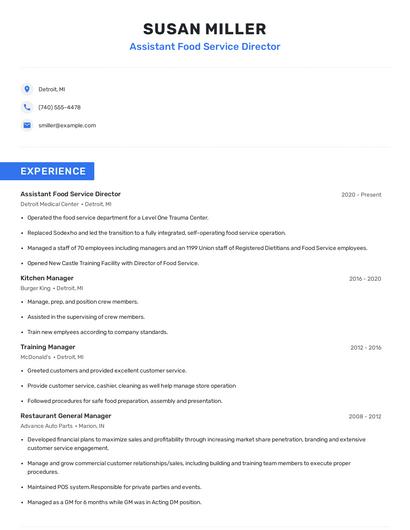 Assistant Food Service Director Resume