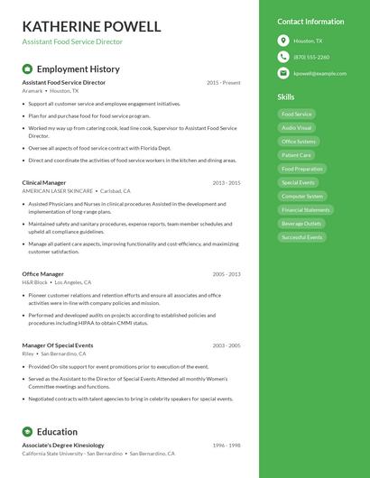 Assistant Food Service Director Resume