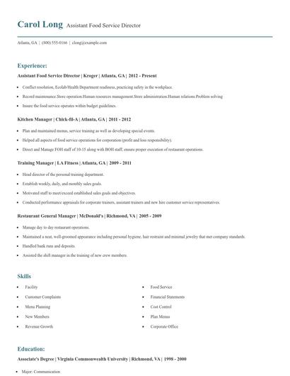 Assistant Food Service Director Resume