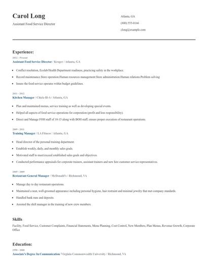 Assistant Food Service Director Resume