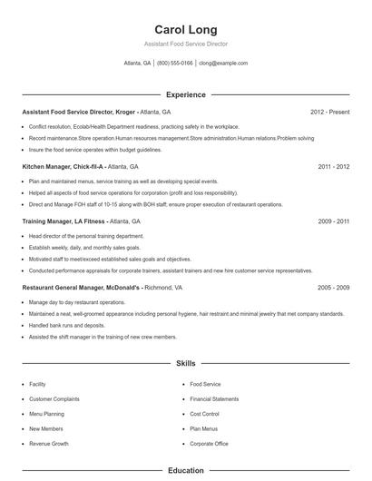 Assistant Food Service Director Resume