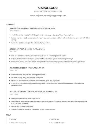 Assistant Food Service Director Resume