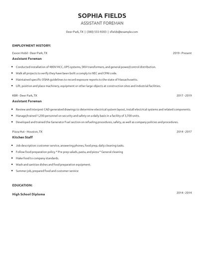 Assistant Foreman Resume