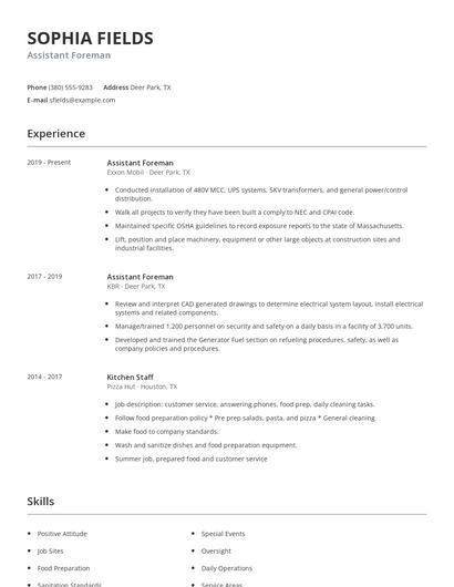 Assistant Foreman Resume