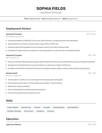 Assistant Foreman Resume
