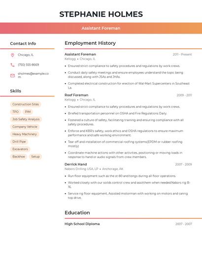 Assistant Foreman Resume