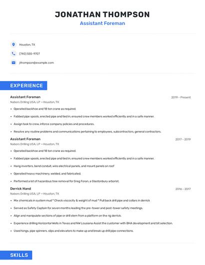 Assistant Foreman Resume
